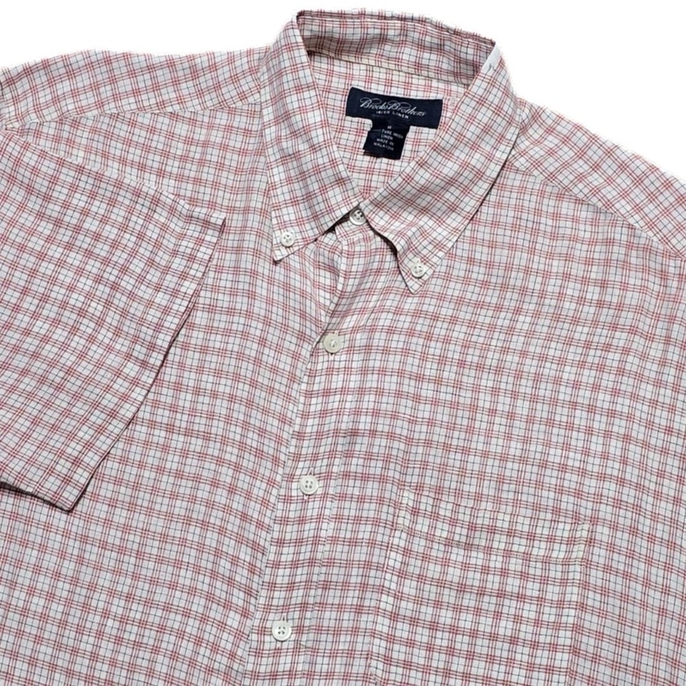 VTG‎ 90s Brooks Brothers Irish Linen Mens M Salmon Check Button Down Shirt S/S